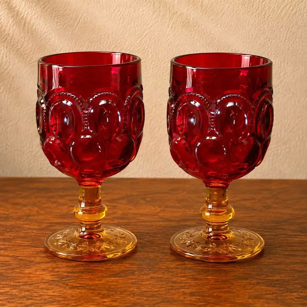 VTG LE Smith Moon And Stars Amberina Two Glass Goblets And 6 Candy Dish